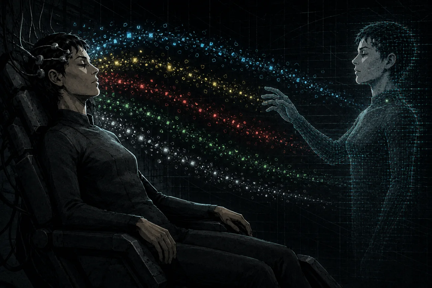 Five colored streams of memory flow from the human toward the synthetic twin.